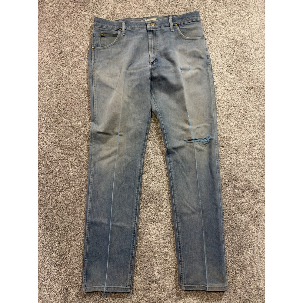 Wrangler Jeans Mens 36x36 Blue Advanced Comfort Straight Leg Distressed Denim *